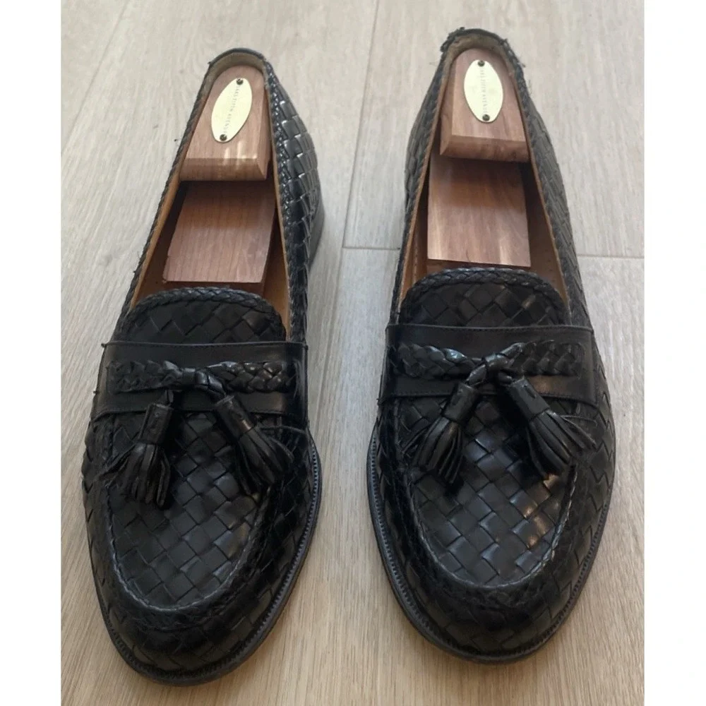 Magnanni Men's Size 8.5 Wide Black Woven Leather Tassel Loafers Shoes *See Pics*